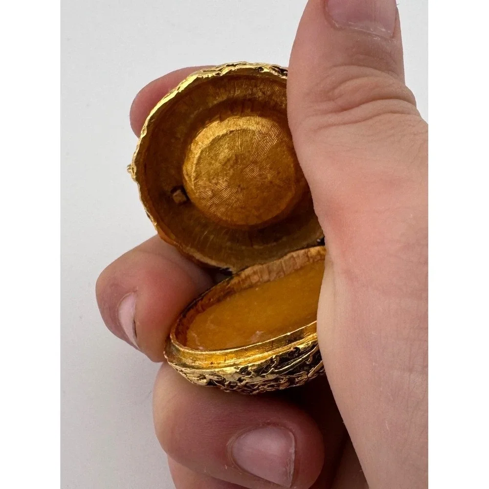 Vintage Gold Tone Bird Nest Make‎ Up Container with Blue Speckled Eggs